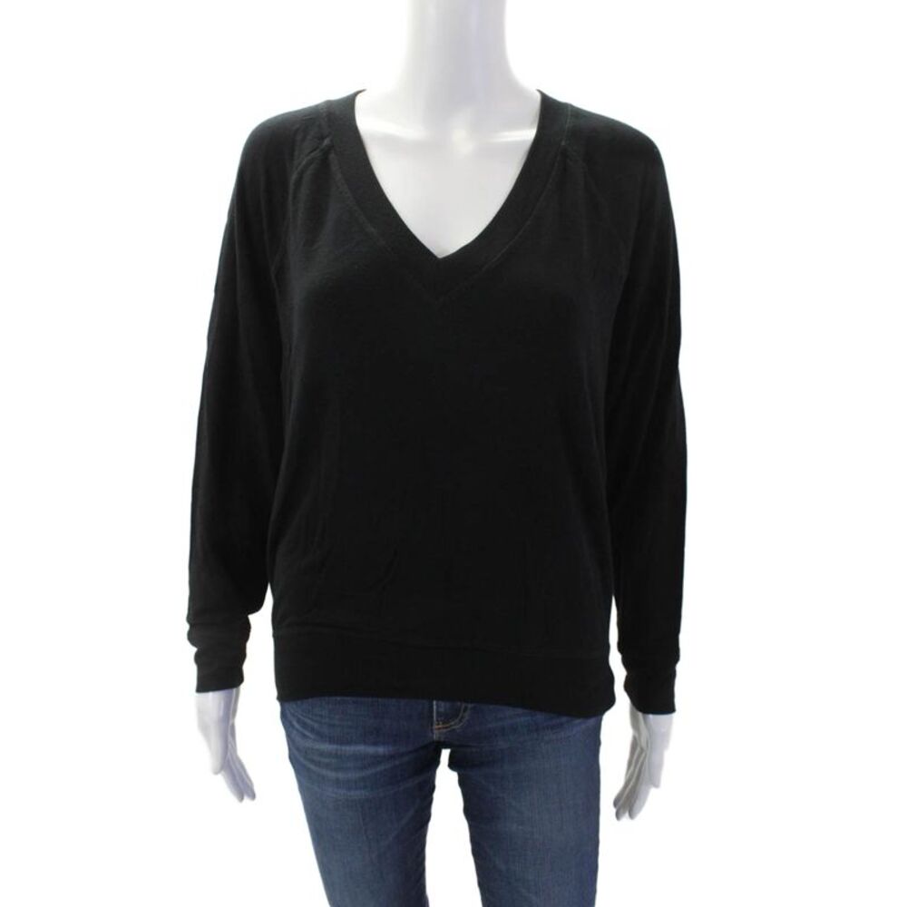 Splits 59 Women's V-Neck Long Sleeves Ribbed Hem Blouse Black Size XS